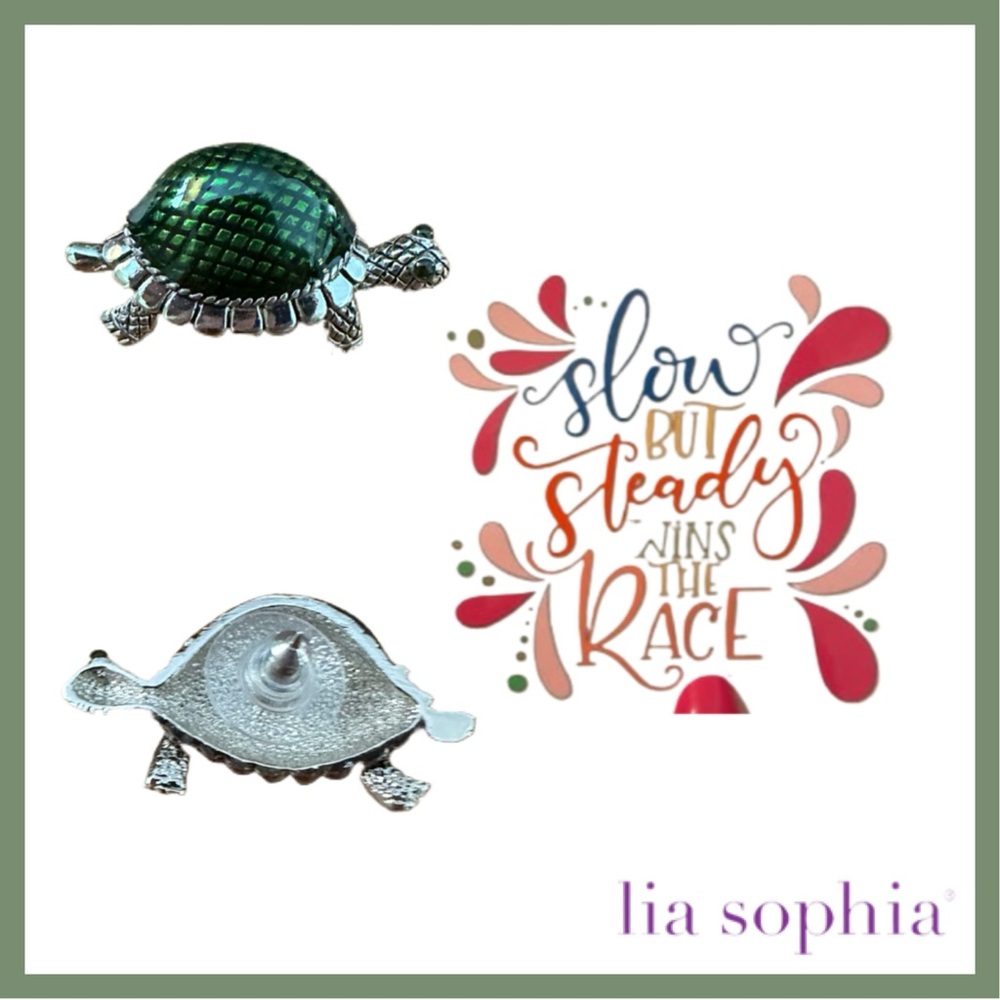 Lia Sophia 516 ZIP Green Enamel Turtle Tac Pin.  Silver Tone